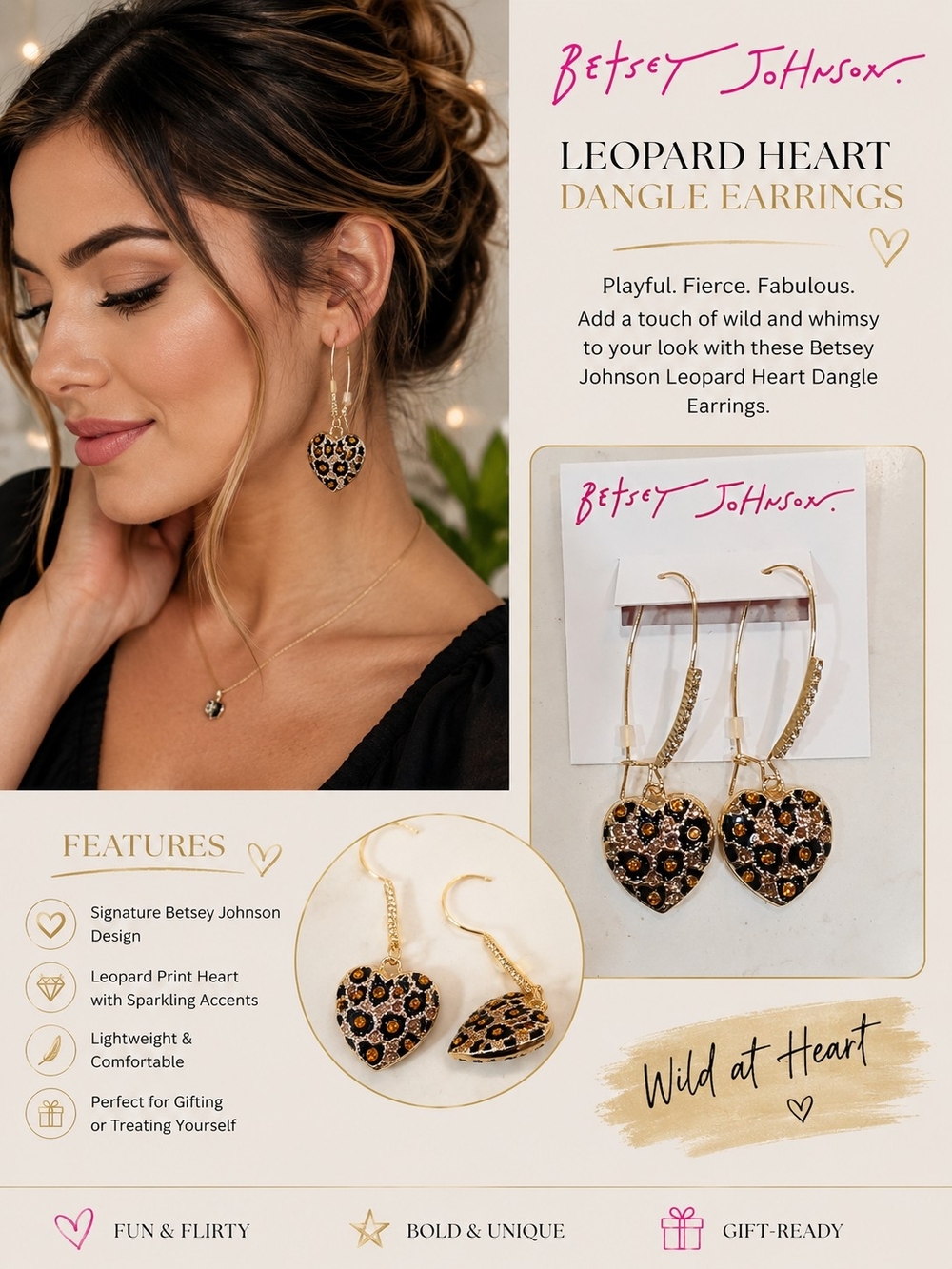 Betsey Johnson Gold Hoop Leopard Heart Dangle Earrings